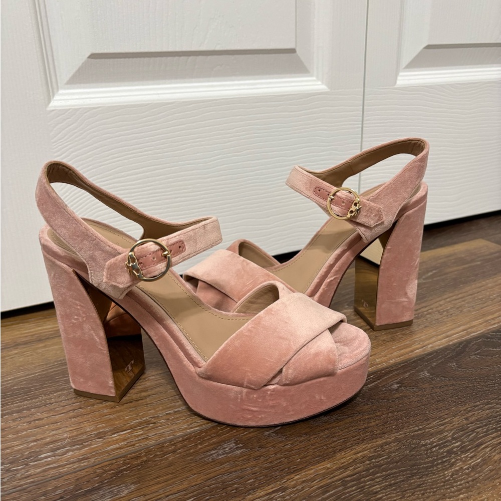 Tory Burch Pink Velvet Platform Block Heel Sandals